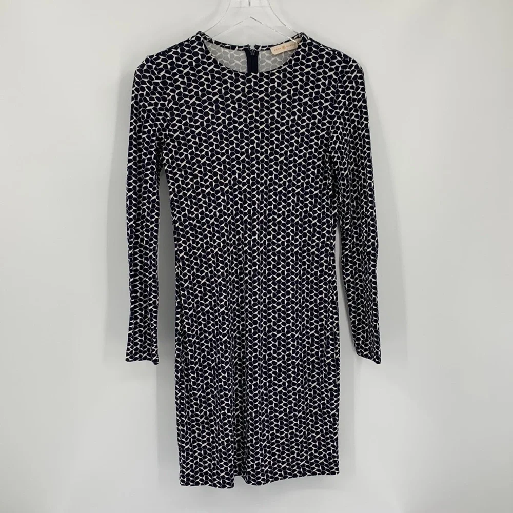 Tory Burch knit jersey shift dress navy blue white Teserra mini XS X-Small